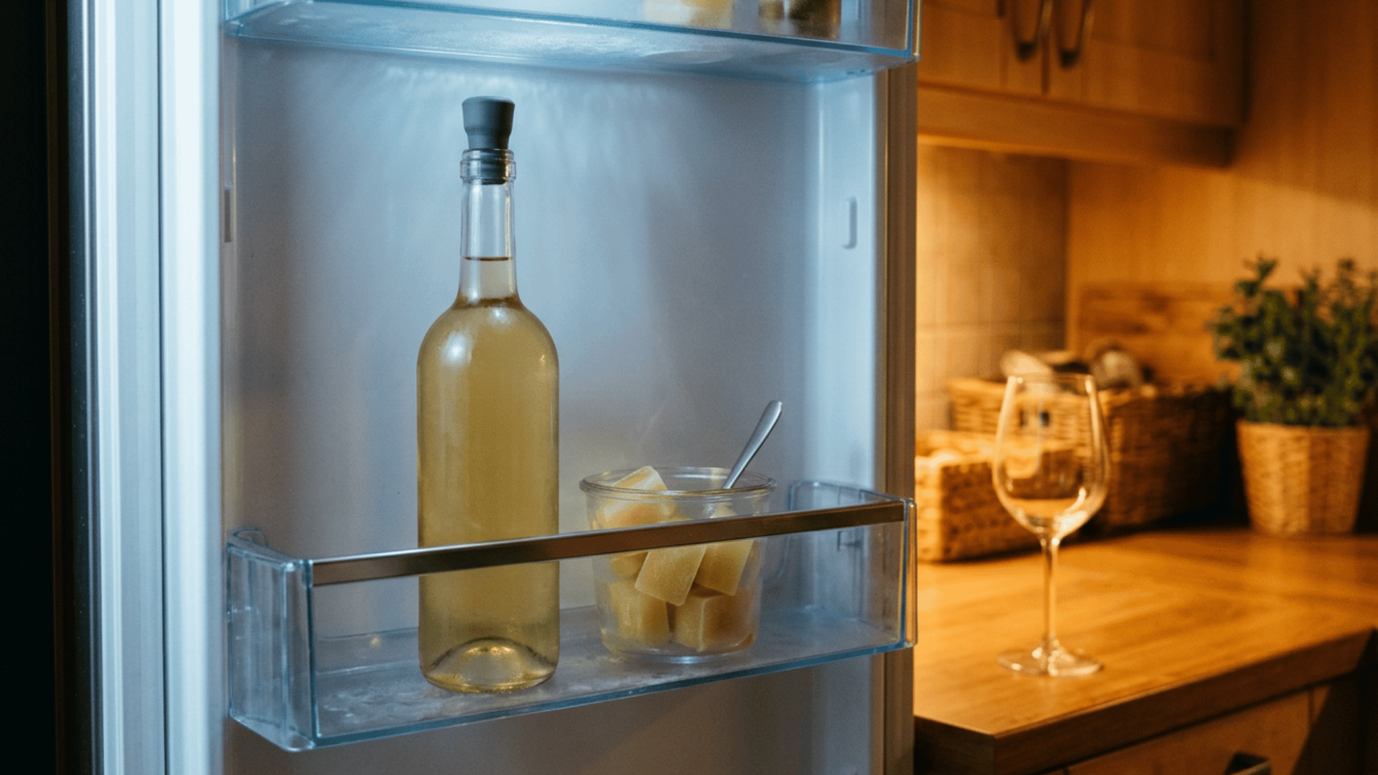 Opened white wine bottle with stopper and frozen wine cubes stored inside a refrigerator