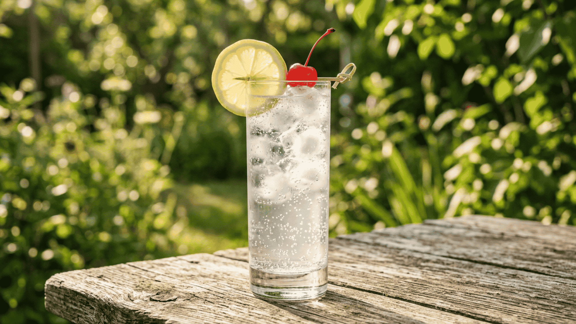 Tom Collins with lemon, cherry, ice, and bubbles in a tall glass