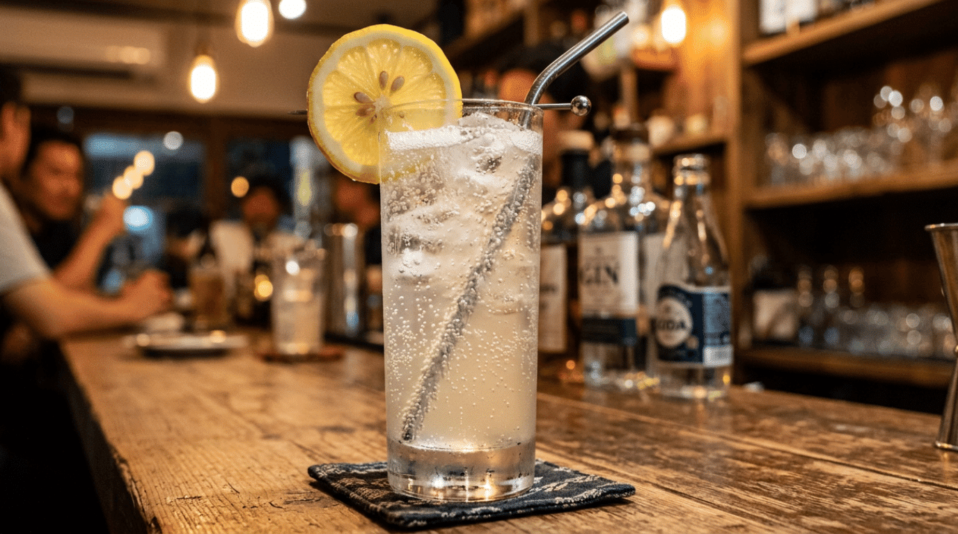 Refreshing Tom Collins cocktail with lemon garnish