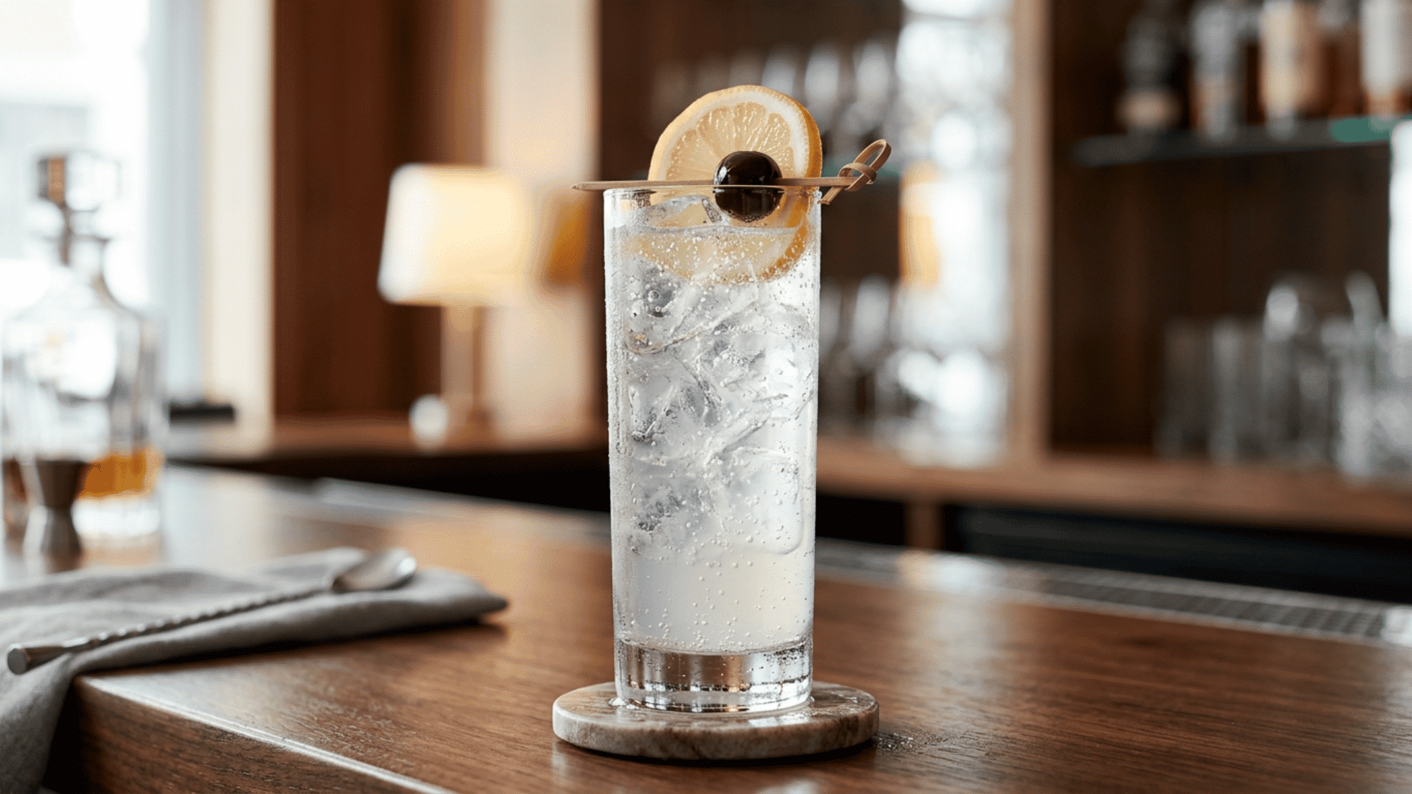 Tom Collins with ice, lemon slice, and cherry in a tall glass at the bar