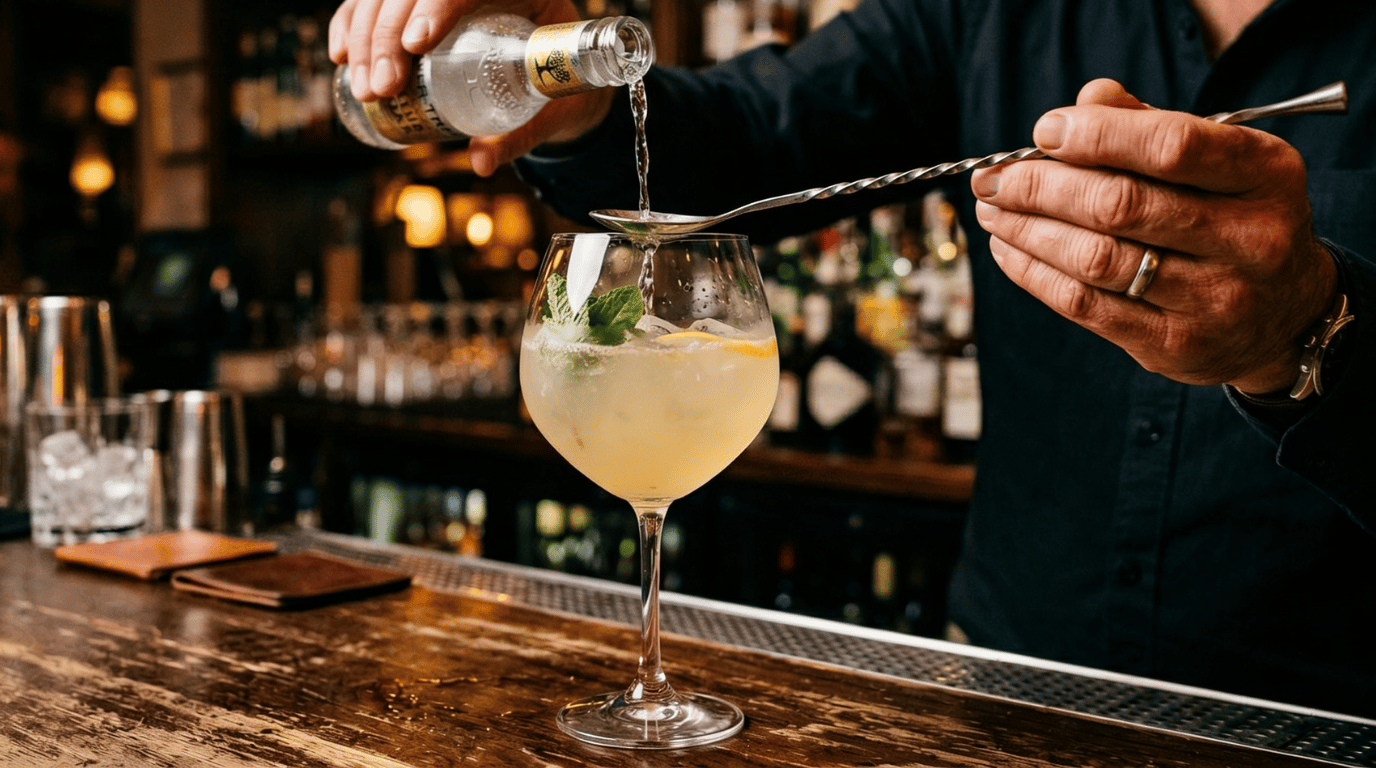 A hand pours club soda over the back of a bar spoon into a nearly full balloon wine glass on a dark wooden bar counter, gently preserving the carbonation.