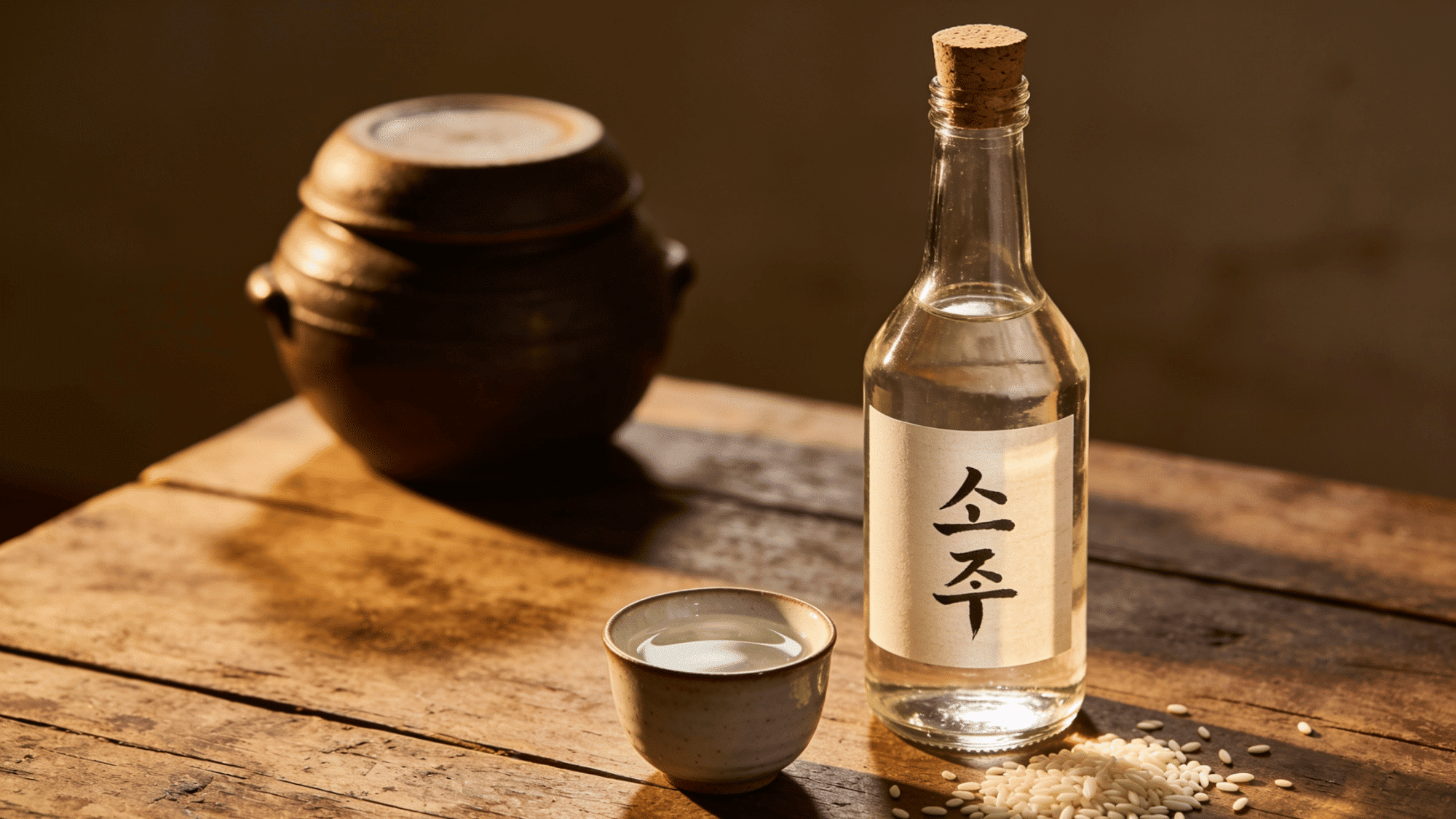 Traditional soju bottle with cork stopper and ceramic cup on a rustic wooden table beside rice grains and an earthenware pot