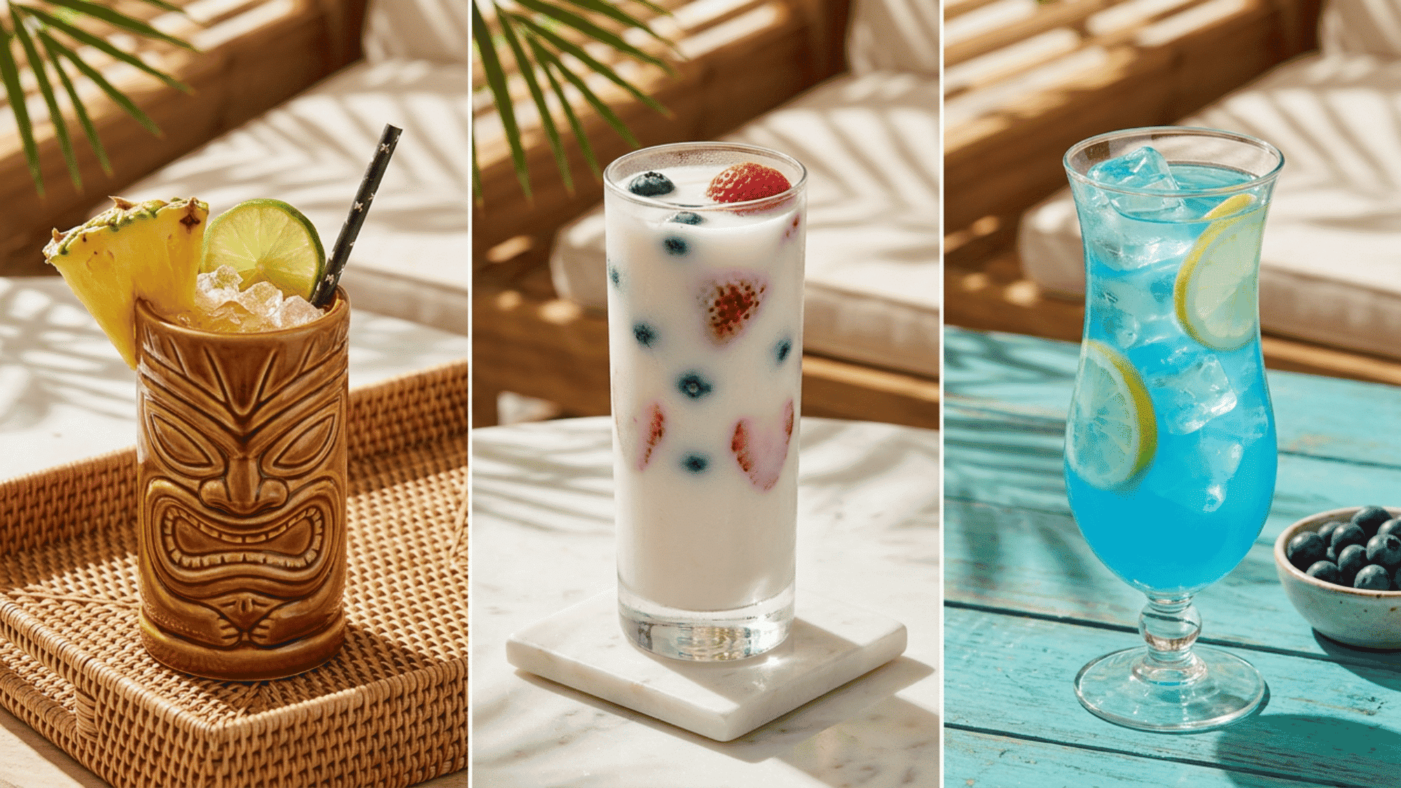 um cocktails with pineapple, coconut berries, and blue lemonade on marble