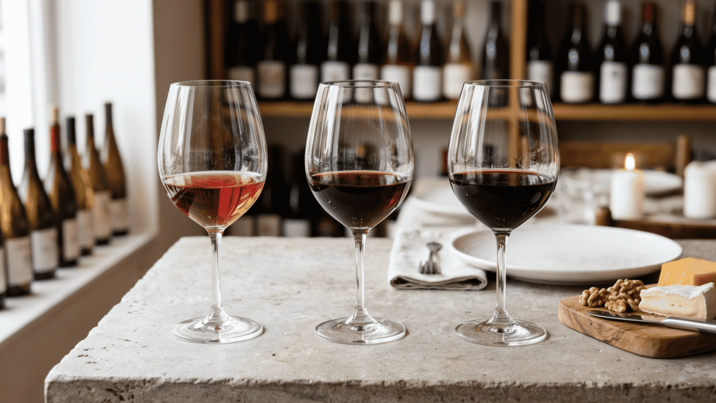 Three glasses showing light, medium, and full-bodied red wine styles