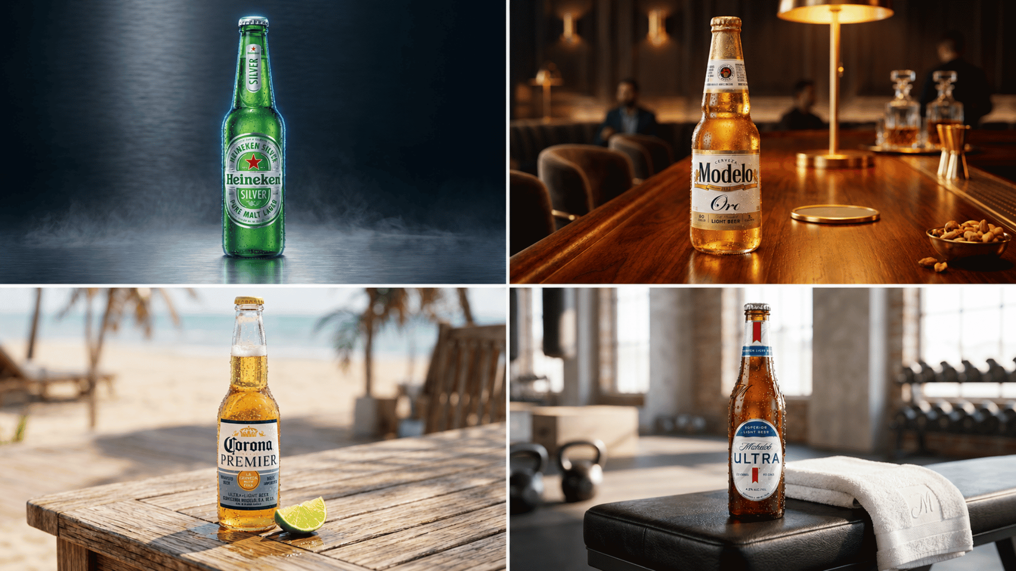 Four ultra-light lager bottles — Heineken Silver, Modelo Oro, Corona Premier, and Michelob Ultra