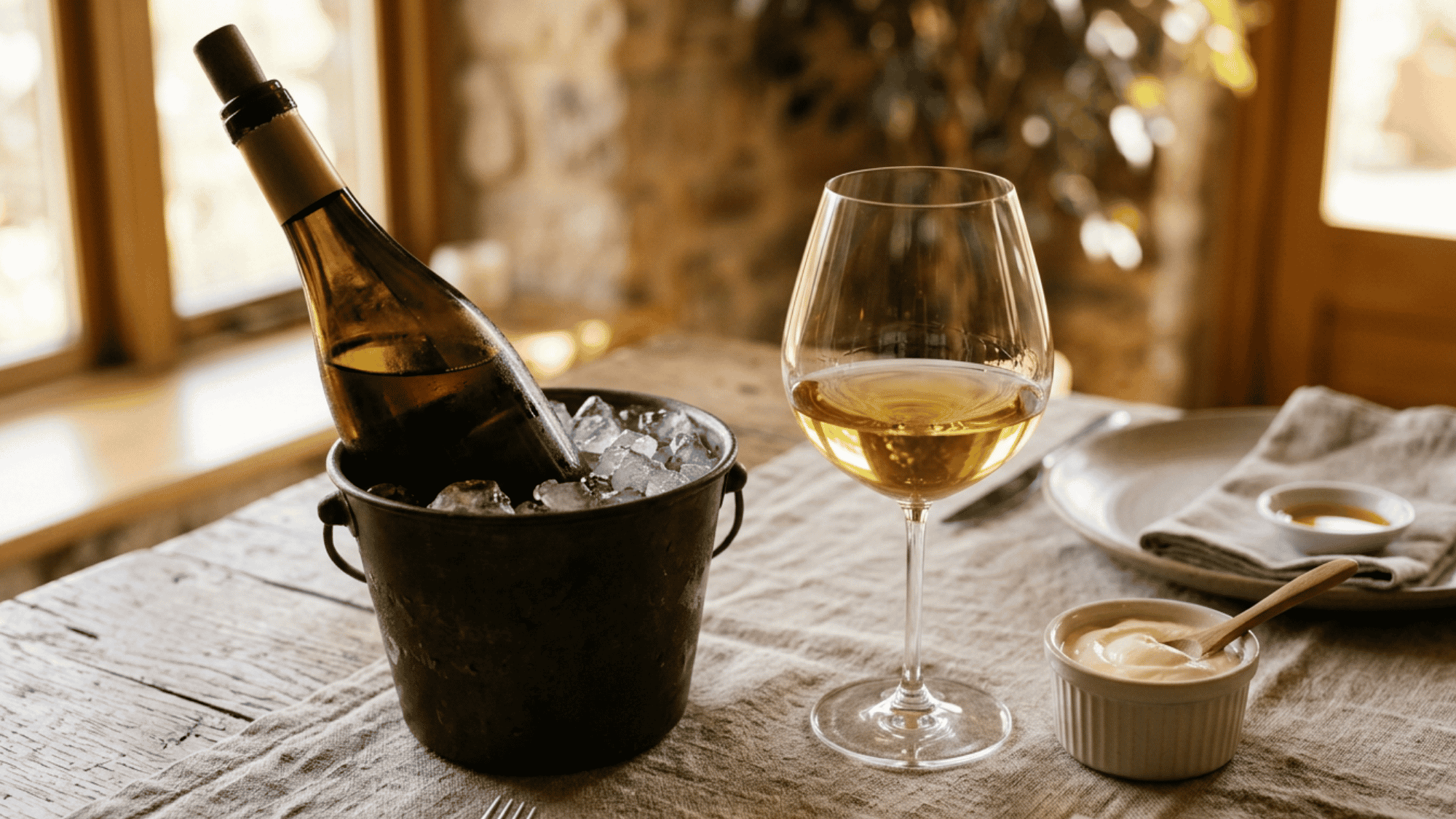 Unoaked Chardonnay chilling in an ice bucket with a glass on a rustic dining table.