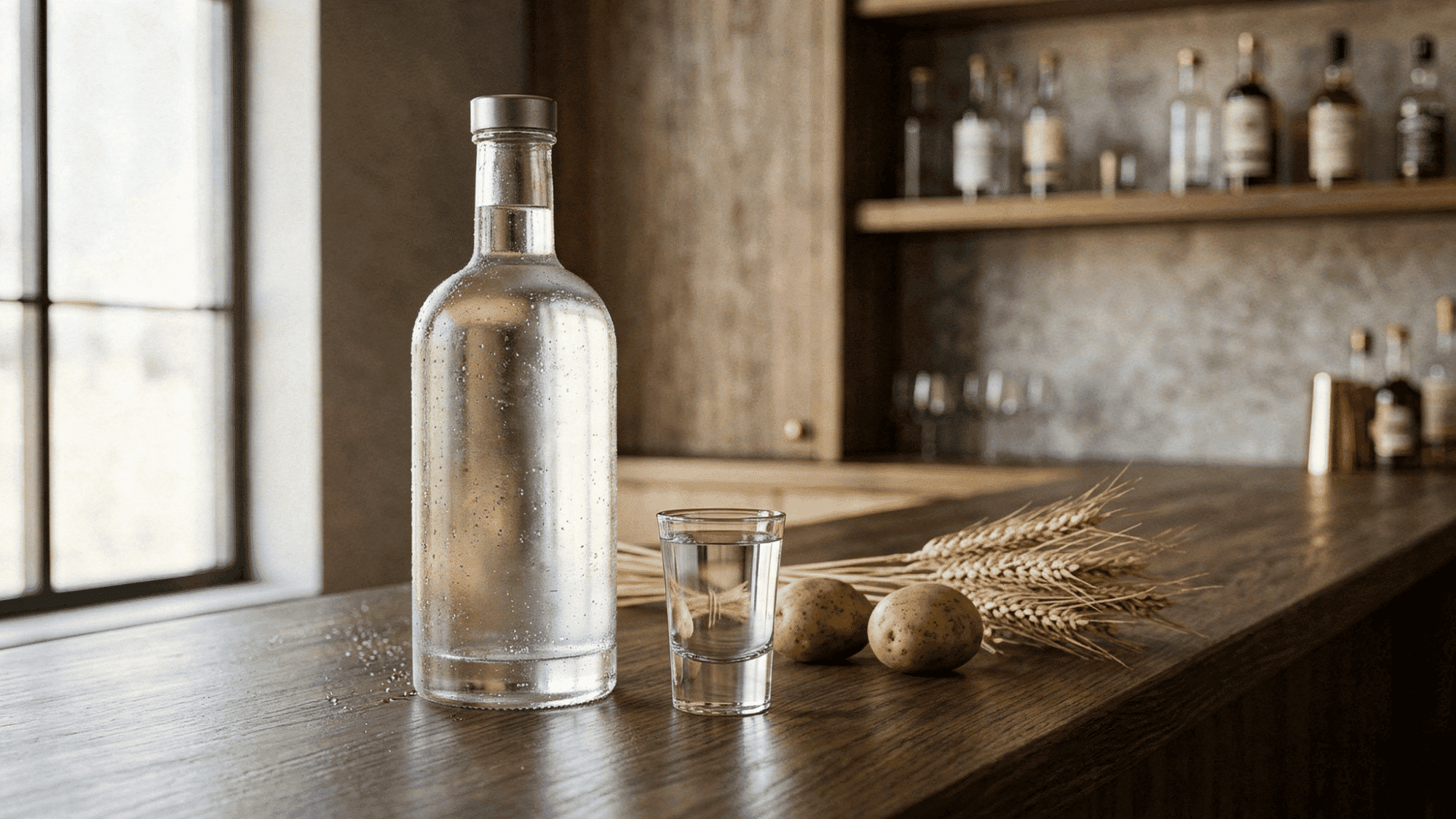 Vodka bottle with chilled glass on a clean bar counter