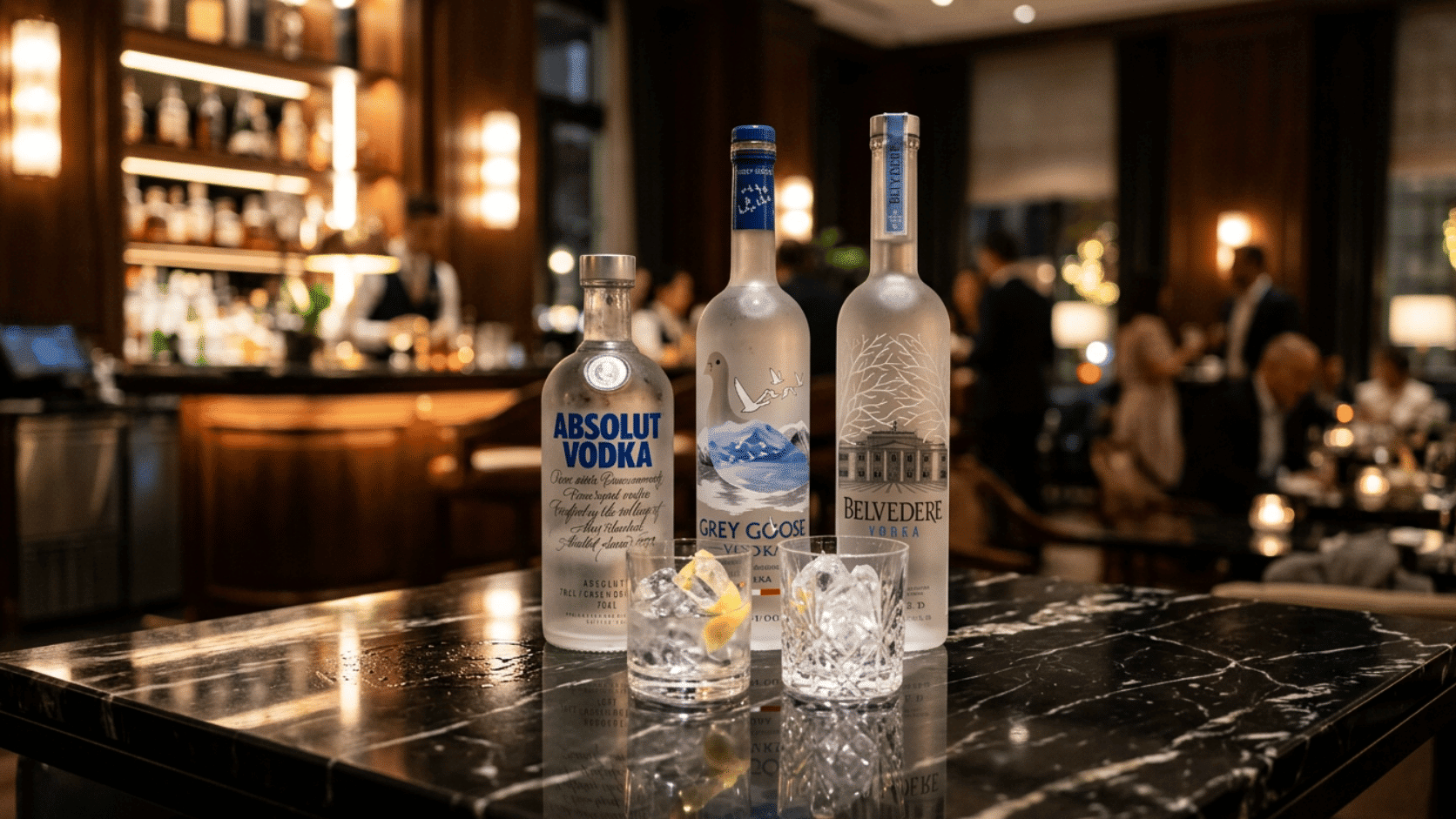 Premium vodka bottles with crystal glasses on a marble bar in an upscale cocktail lounge.