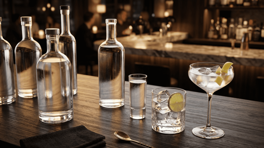 A bottle of clear vodka next to a poured shot glass on a clean background, representing standard alcohol by volume (ABV).