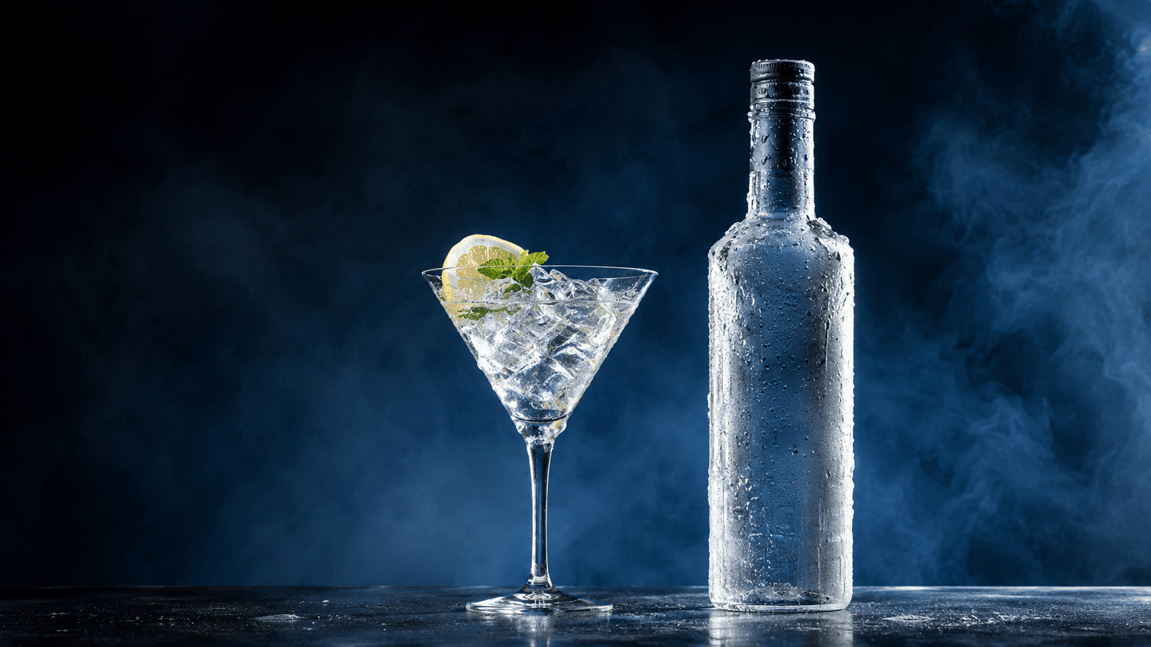 Chilled vodka bottle and martini glass showing common myths about vodka calories