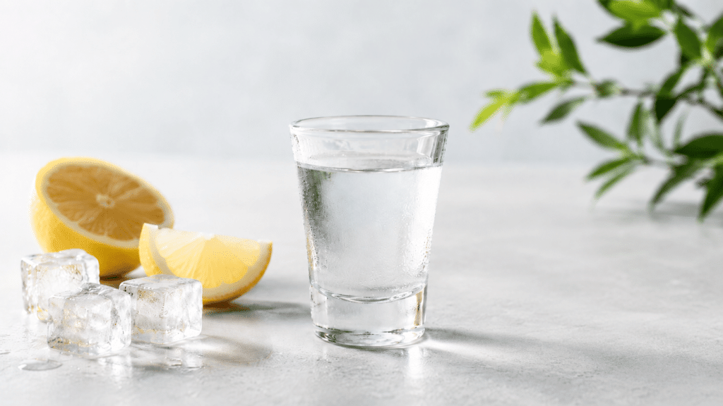 Vodka shot with lemon and ice for a blog about vodka calories.
