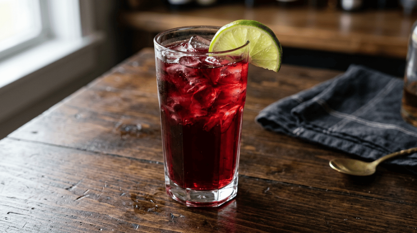 Vodka cranberry drink in a highball glass with ice and a lime wedge garnish