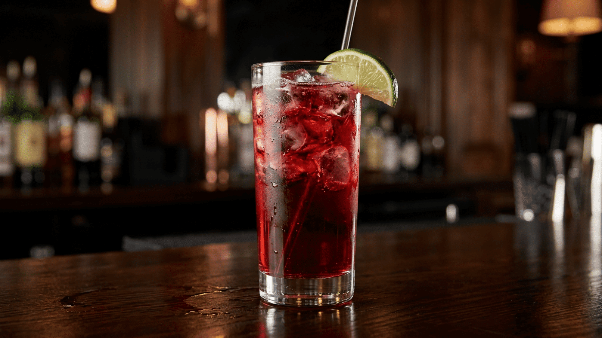 Vodka cranberry cocktail with lime garnish on a wooden bar counter