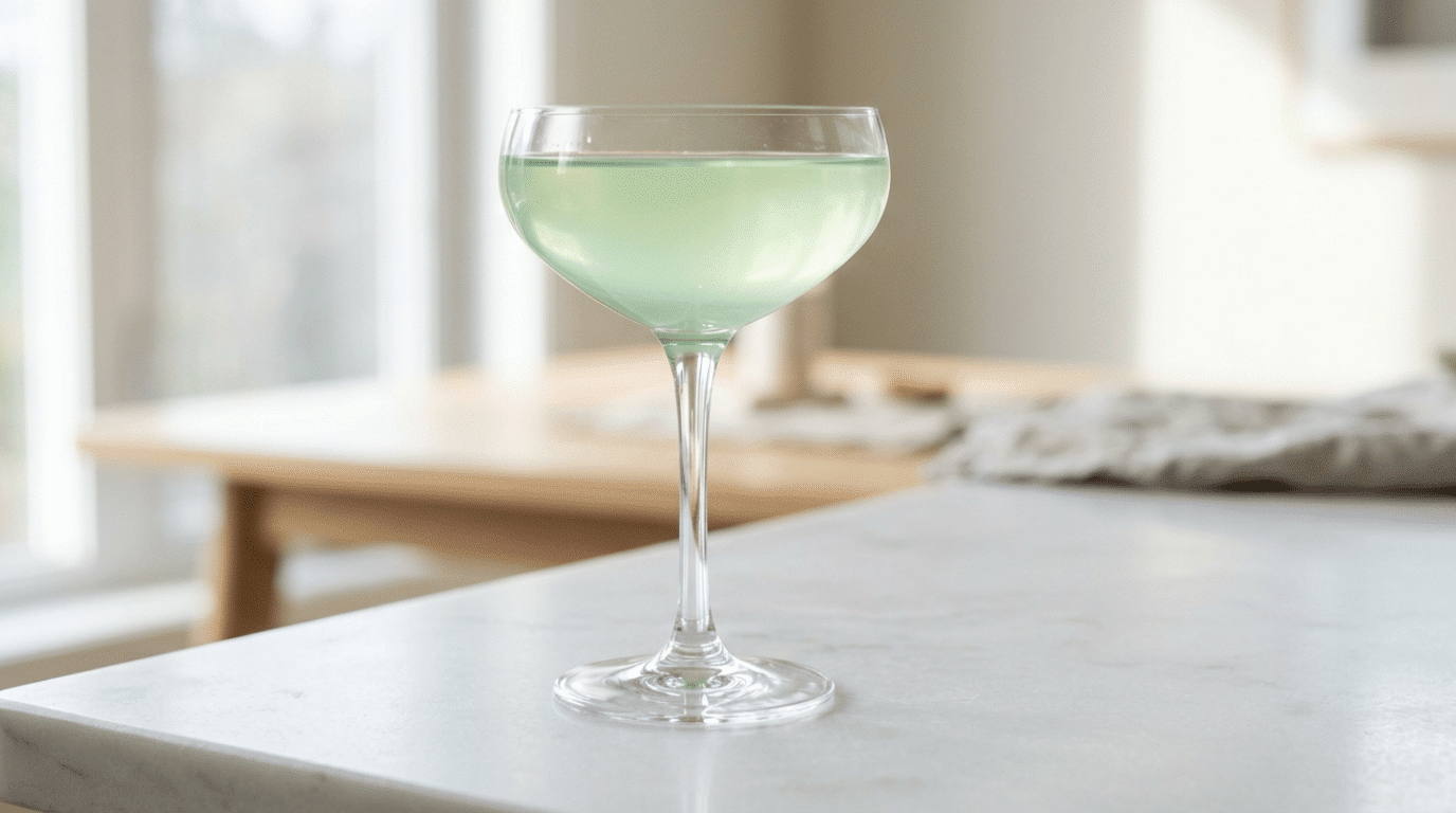 Vodka gimlet served in a coupe glass on a white surface