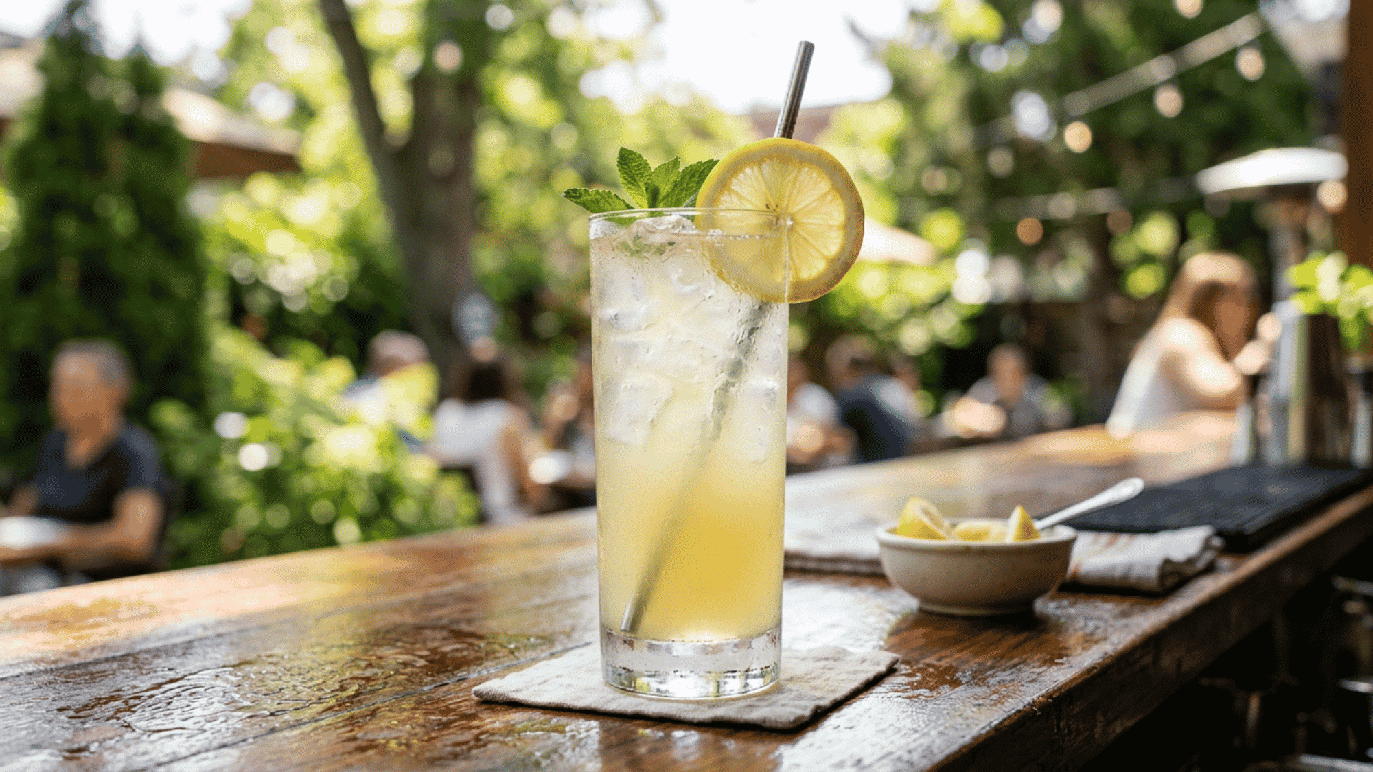 Vodka lemonade with lemon garnish on a sunny outdoor bar counter