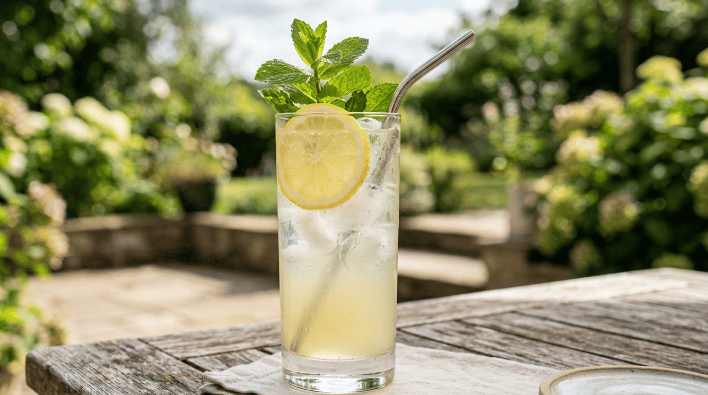 Vodka lemonade in a tall glass with ice, a lemon slice, and fresh mint  Slug: vodka-lemonade-recipe