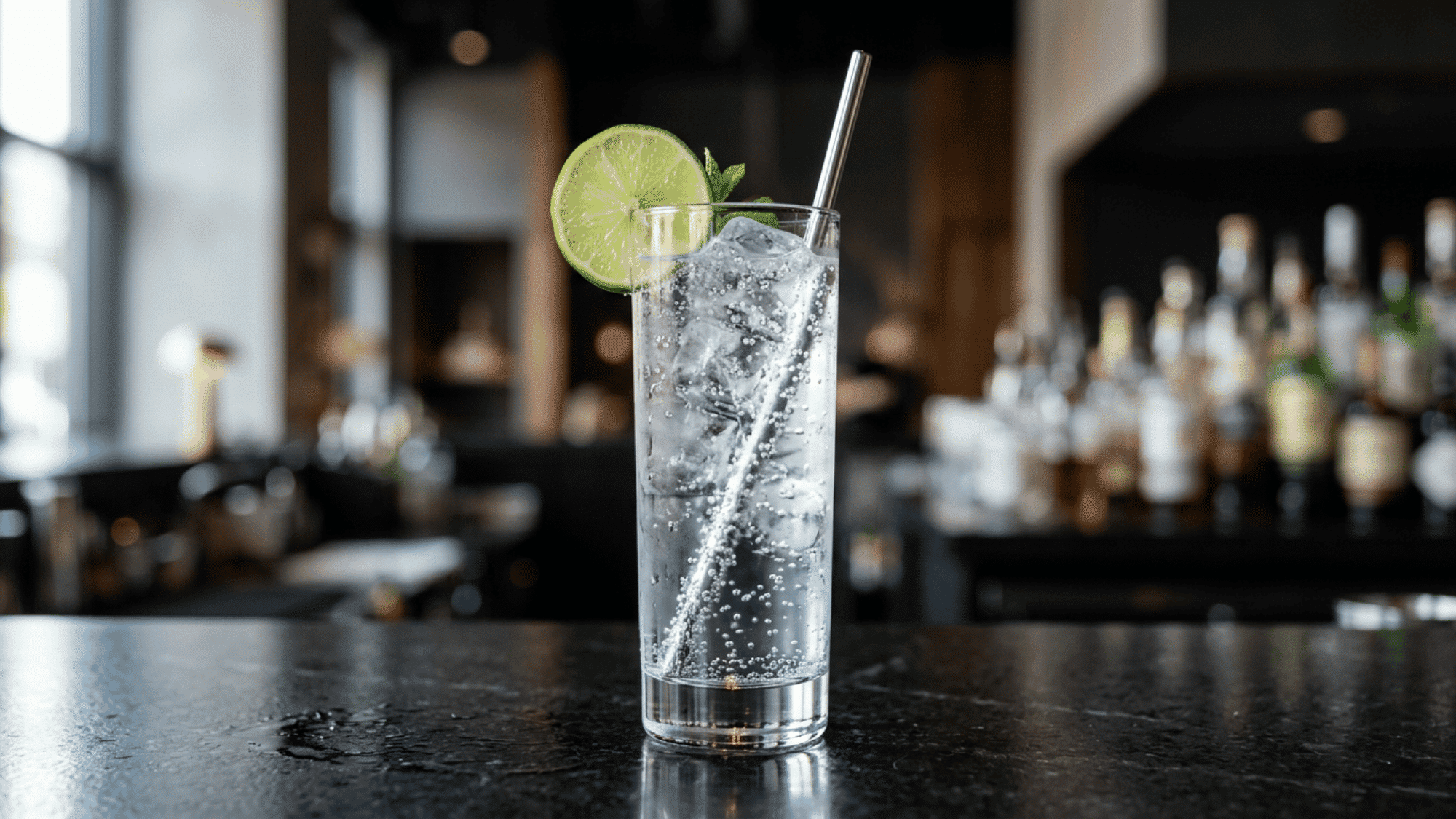 Vodka soda with lime garnish and ice on a sleek dark bar counter