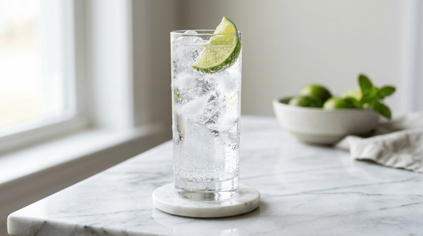 Vodka soda in a highball glass with ice and a lime wedge on a marble surface
