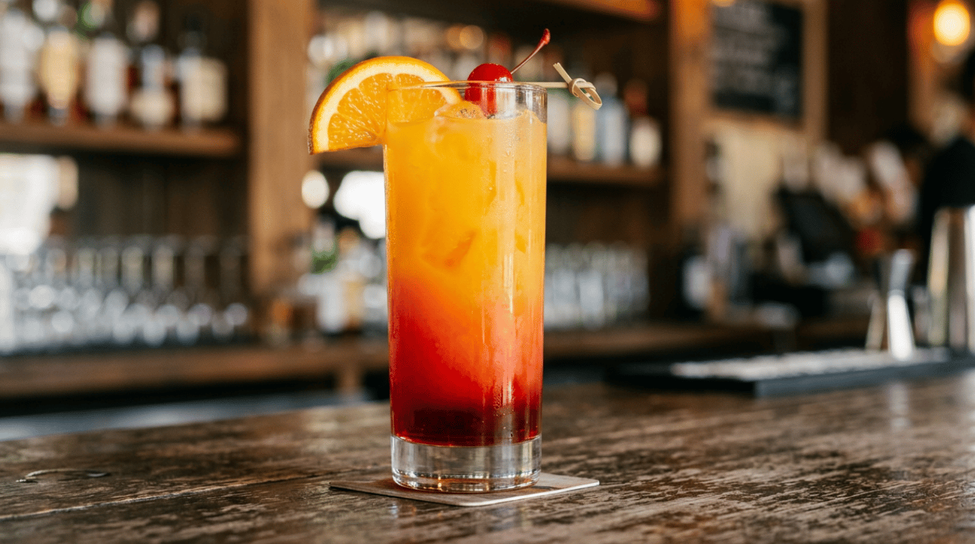 Vodka sunrise cocktail in a highball glass showing red and orange gradient layers