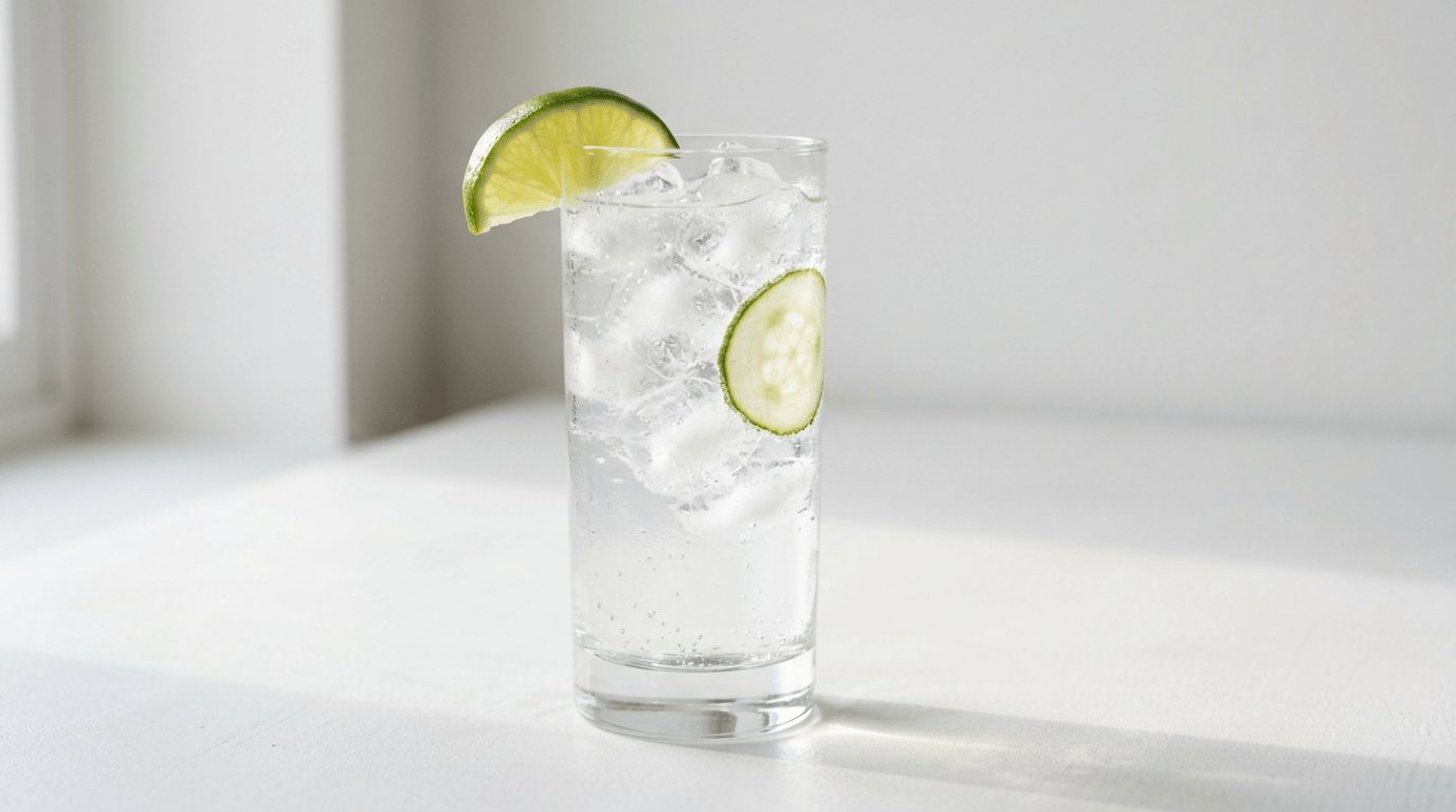 Vodka tonic in a highball glass with ice and a lime wedge on a white surface