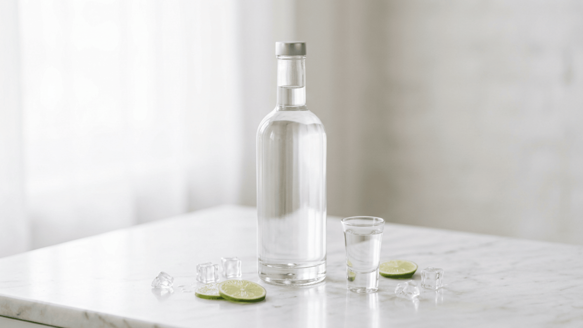 Vodka bottle and shot glass on clean marble surface with minimal background