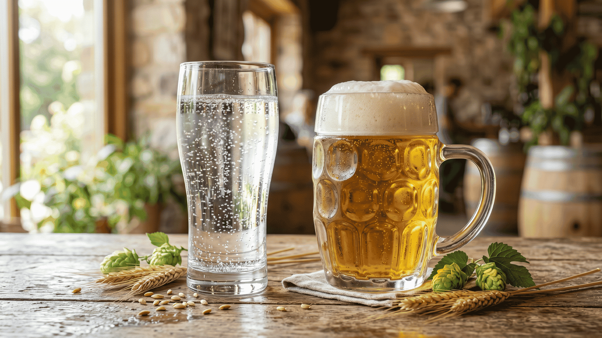 Glass of water beside a beer mug with hops and wheat on a wood table