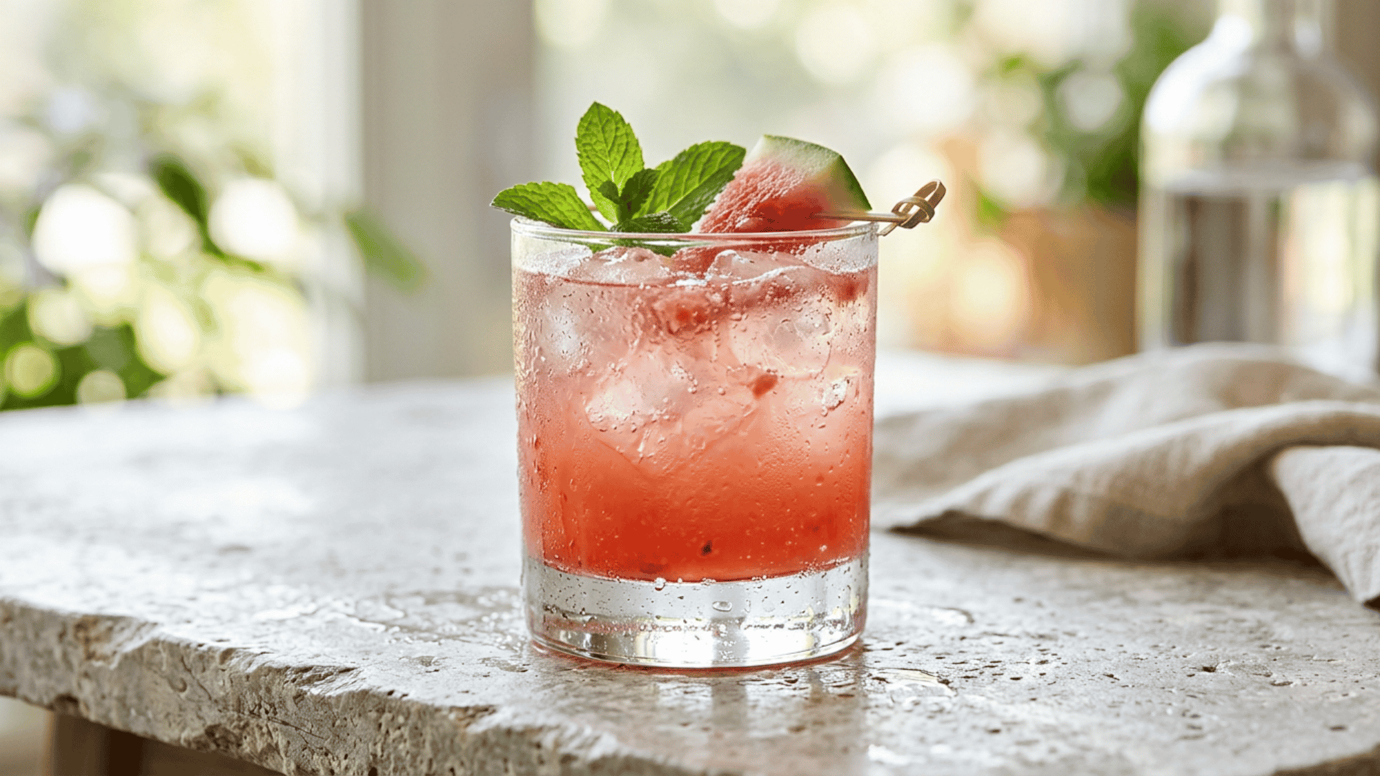 Watermelon gin cooler with ice, mint, and fresh watermelon garnish