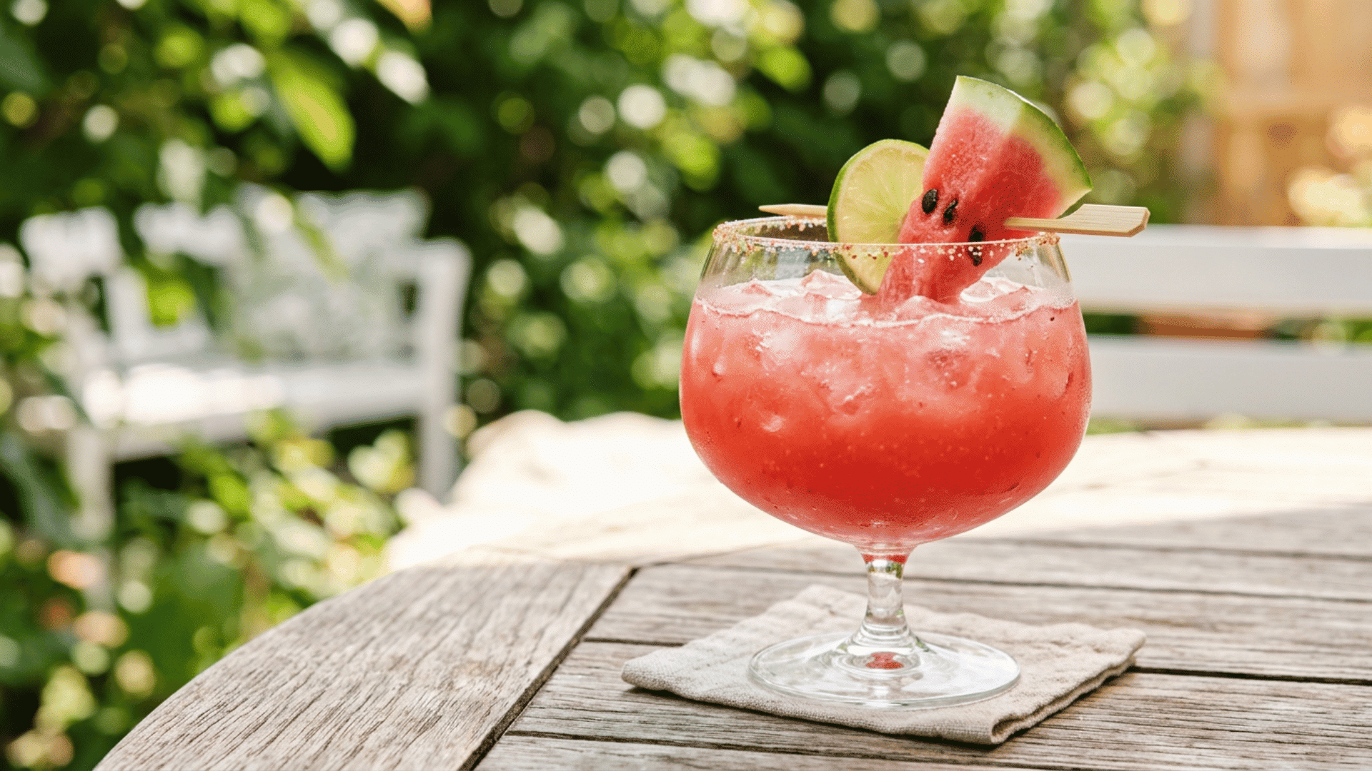 Watermelon margarita with pink-red color and watermelon wedge garnish