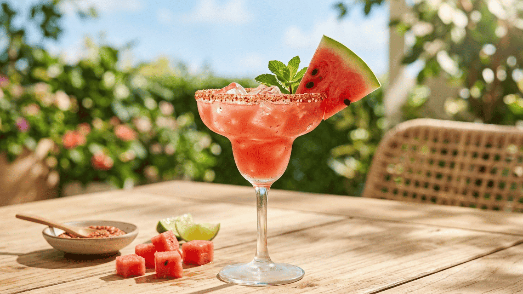 Watermelon margarita with chili-salt rim, watermelon wedge, lime, and ice outdoors