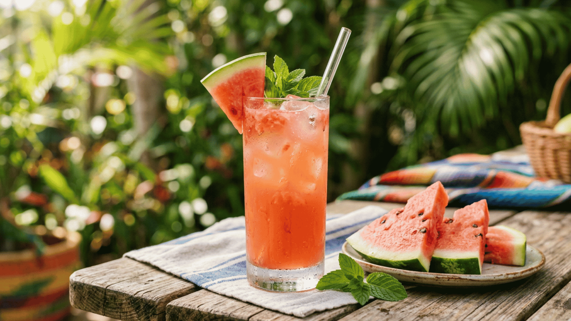 Watermelon rum punch with fresh mint and watermelon garnish served beside sliced watermelon outdoors.