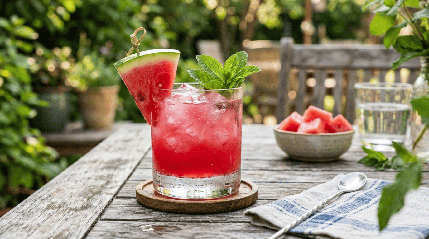 Watermelon vodka smash in a rocks glass with ice, a watermelon wedge, and fresh mint