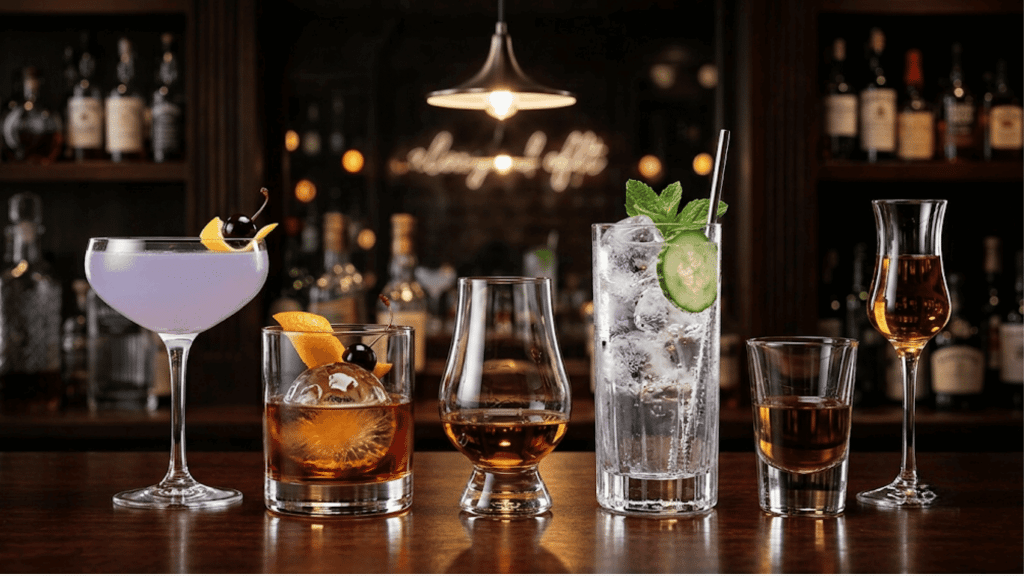 Several glasses of spirits with grains, agave, barrels, and fruit on a bar