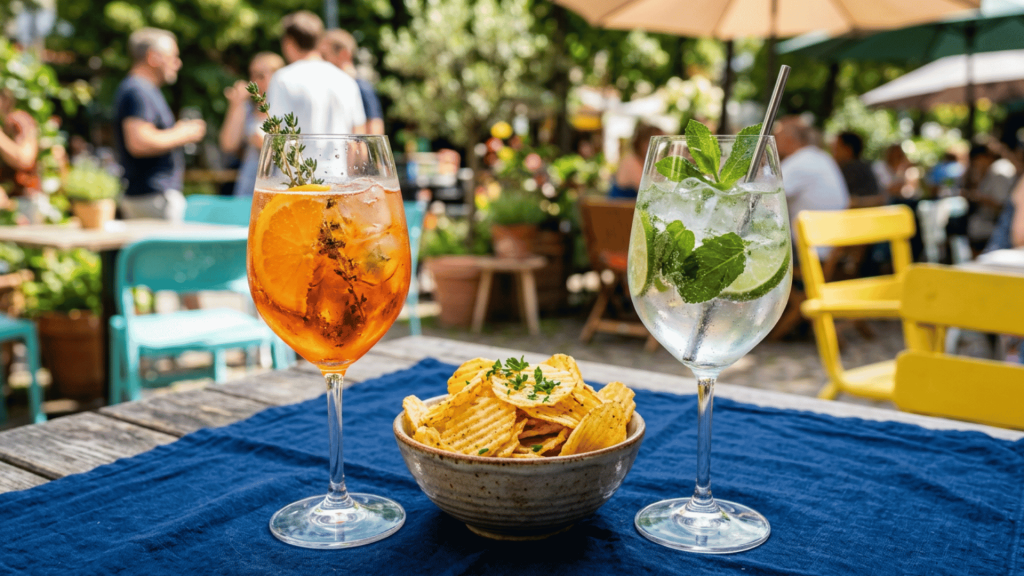 Two chilled aperitif glasses served before meal on table.