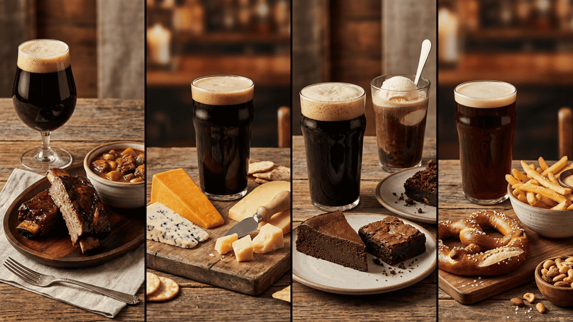 Four vertical panels showcasing dark beer pairings.
