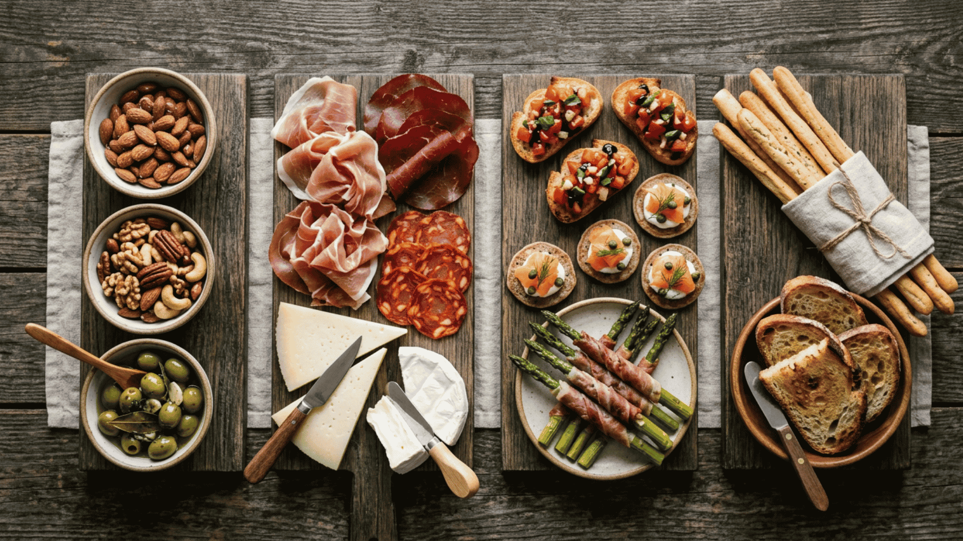 Savory aperitif snacks arranged in four vertical sections flat lay