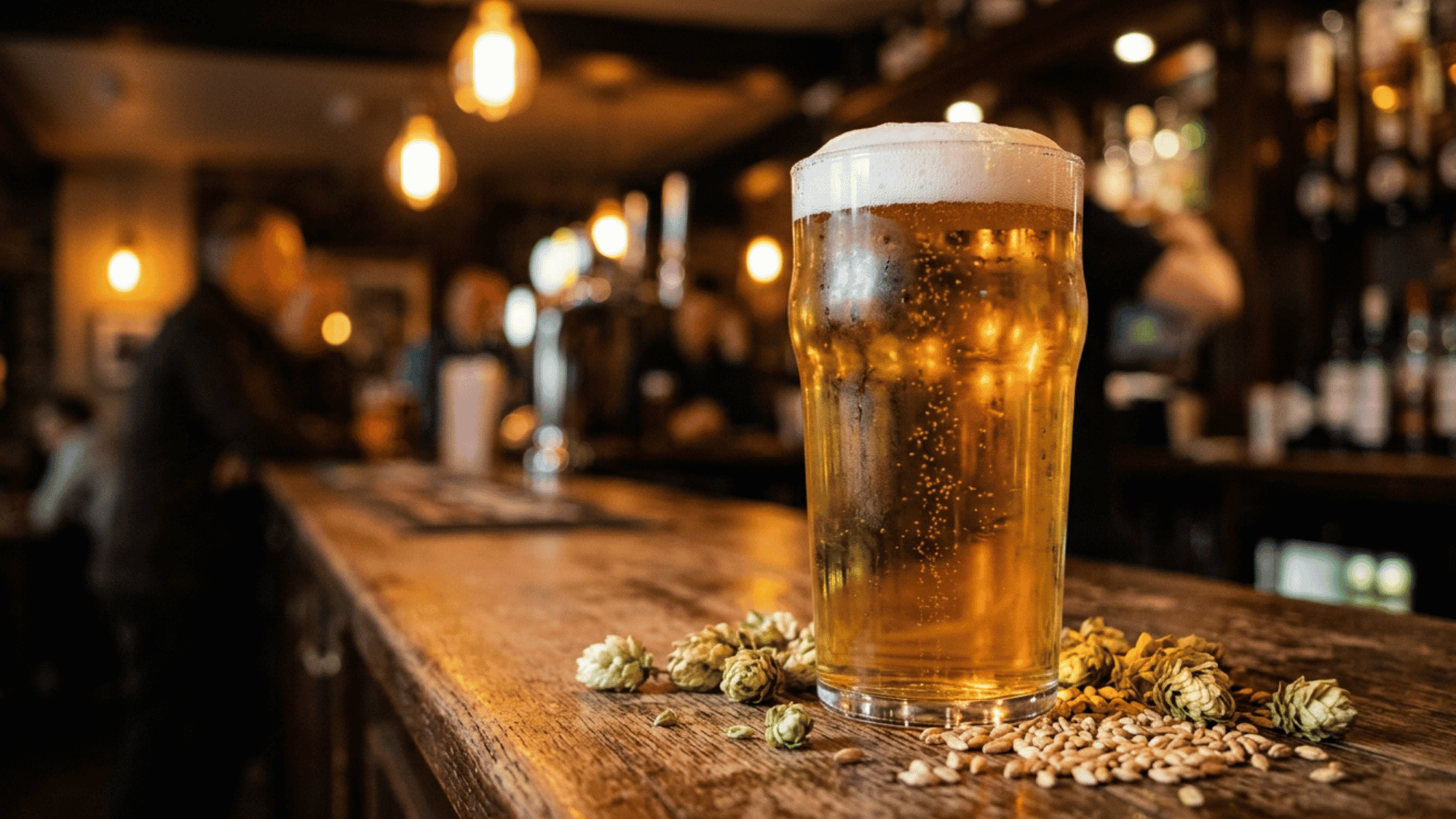 Multiple lager beer glasses on rustic wooden table with barley and hops, warm bar lighting