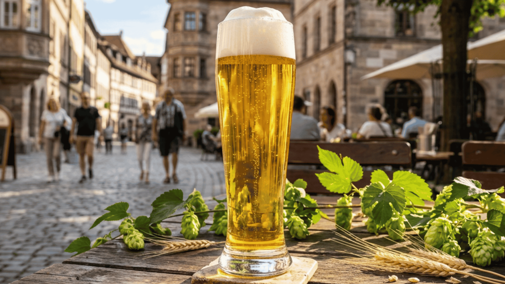 Pilsner beer in tall glass served outdoors with city background, hops, golden crisp look