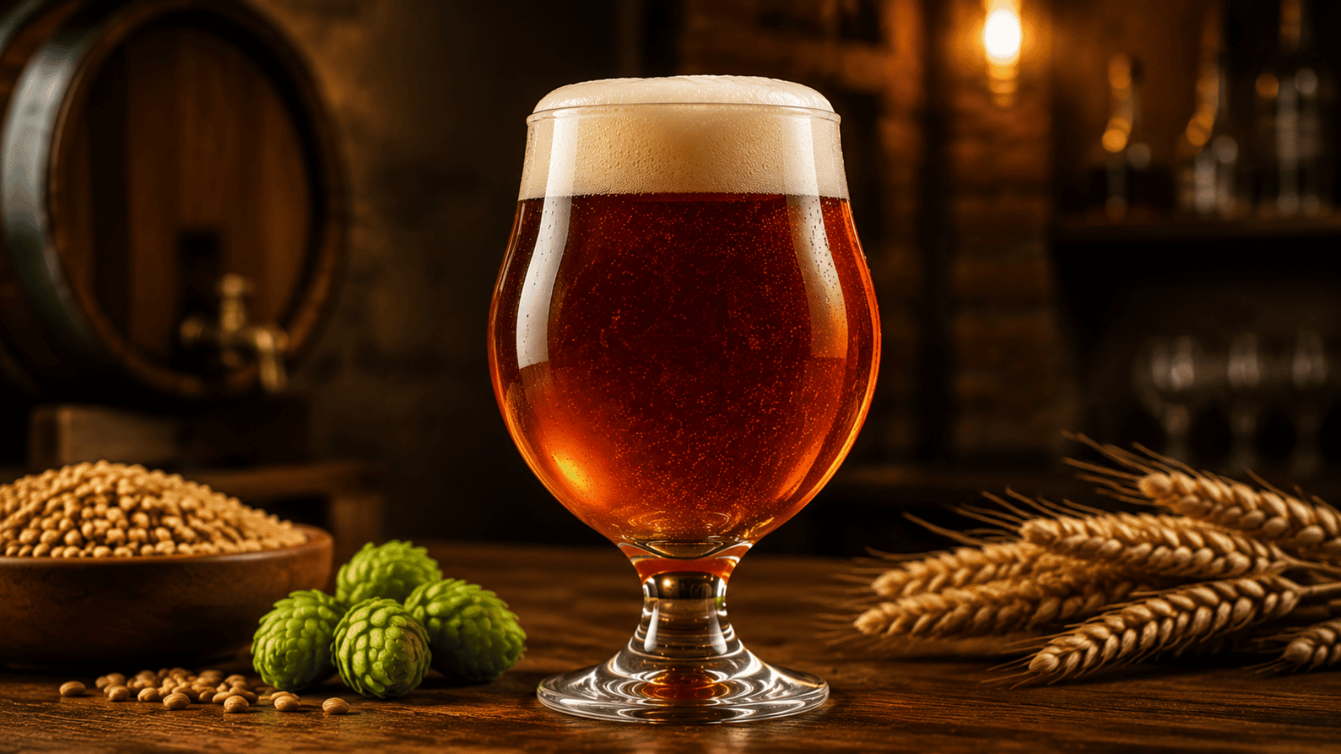 A warm, amber-colored ale in a rustic pub setting with hops, grains, and a cozy brewery ambiance.