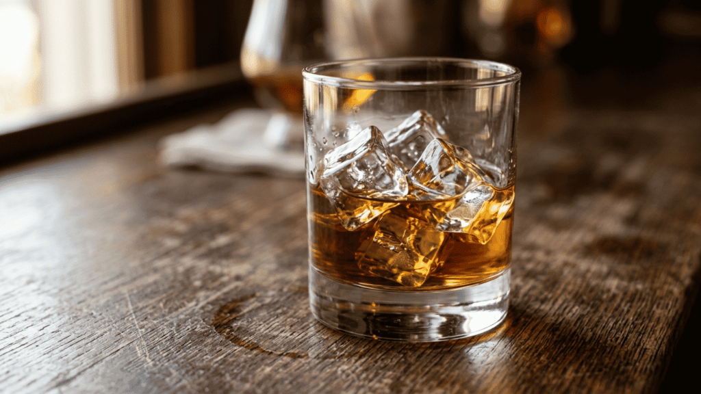 Dark rum over ice in a clear glass on a rustic wooden bar table.