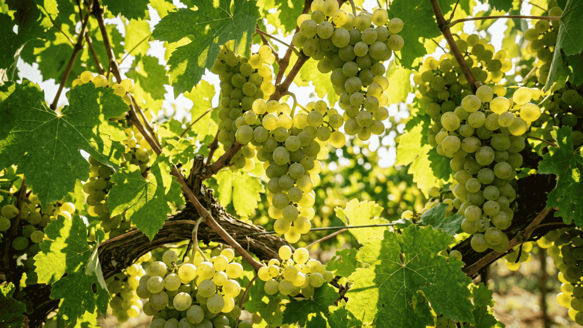 ripe green grape clusters hanging from vines in a sunlit vineyard