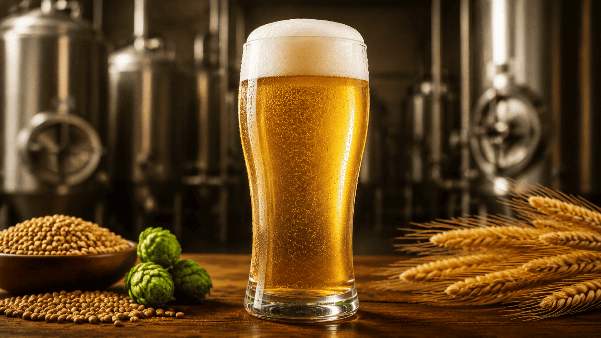Golden lager in a glass with hops, wheat, and malt on a wooden table in a brewery setting.
