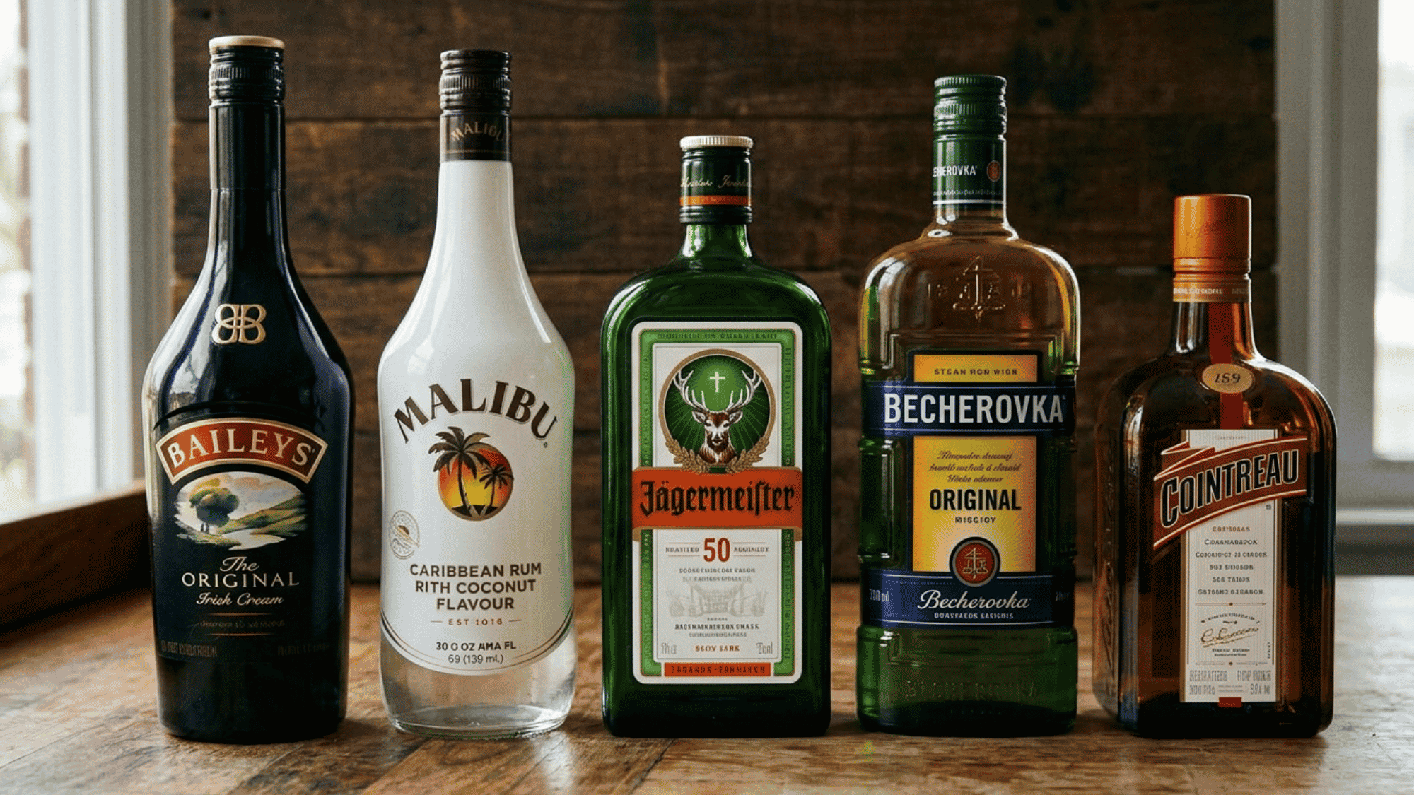 Graphic illustrating sweet, flavored liqueur bottles.