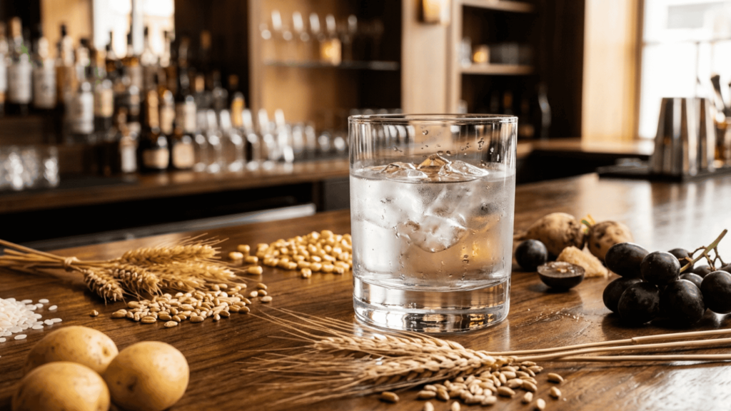 Vodka with ice beside wheat, corn, potatoes, rice, and grapes on a bar counter