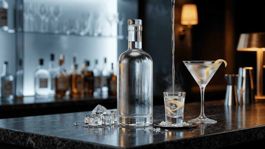 Vodka bottle next to a shot glass and martini with lemon twist on a dark bar