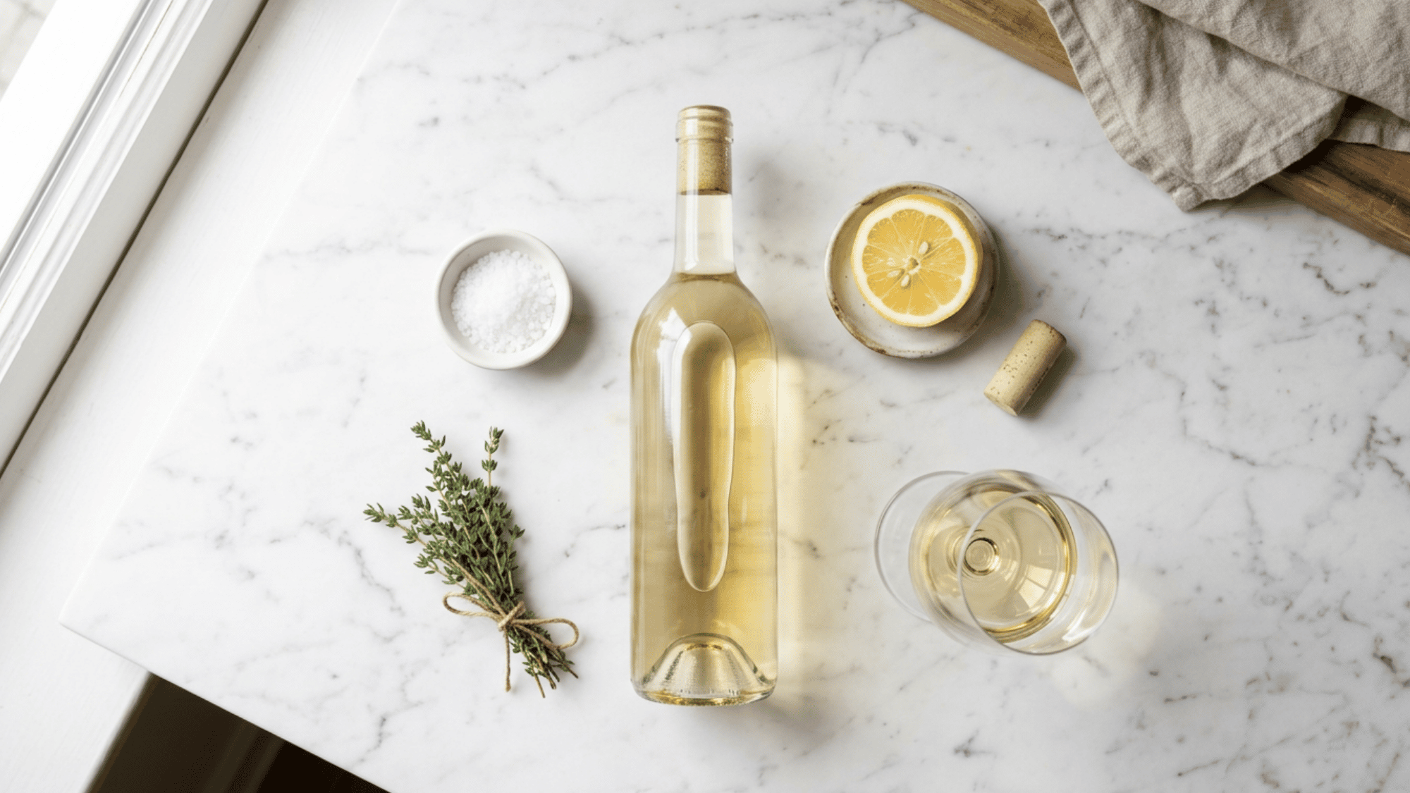 Overhead flat lay of a white wine bottle with lemon, thyme, salt, and cork on marble
