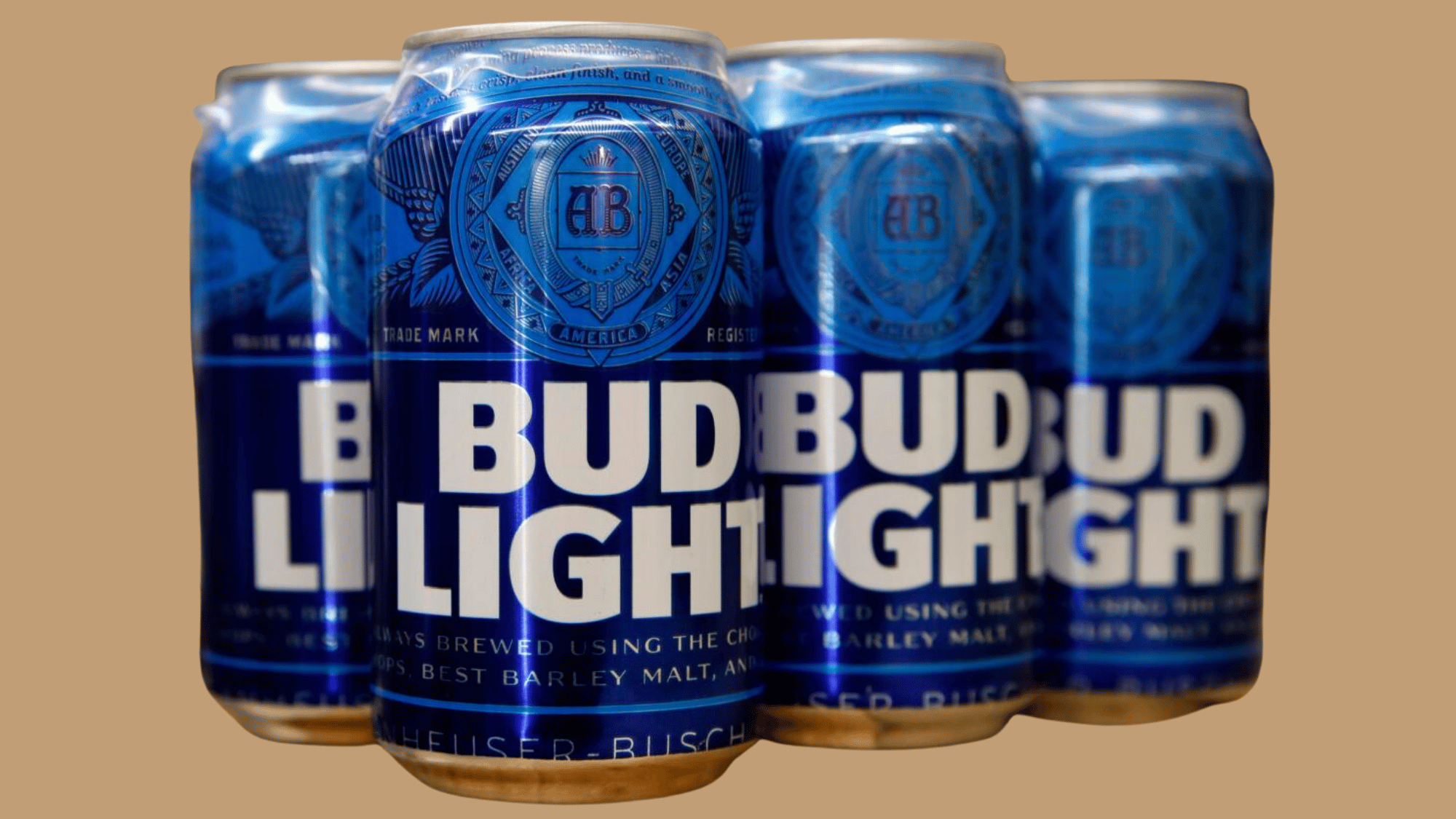 Close-up of multiple Bud Light beer cans in blue packaging, aligned side by side.