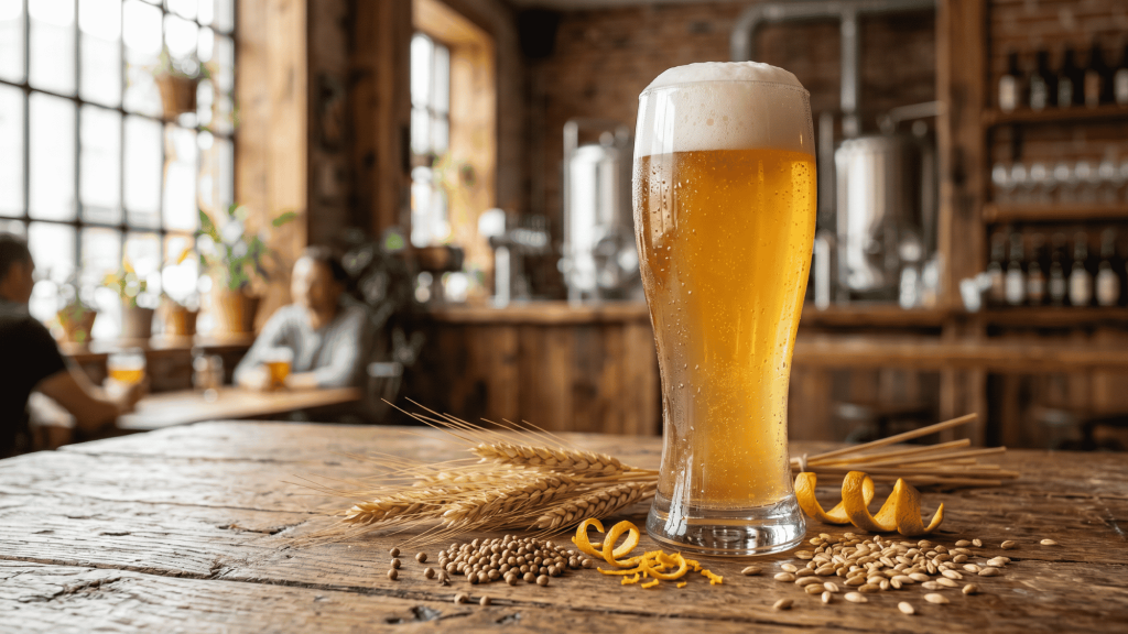 Tall hazy wheat beer with wheat stalks and orange peel on a rustic wood bar