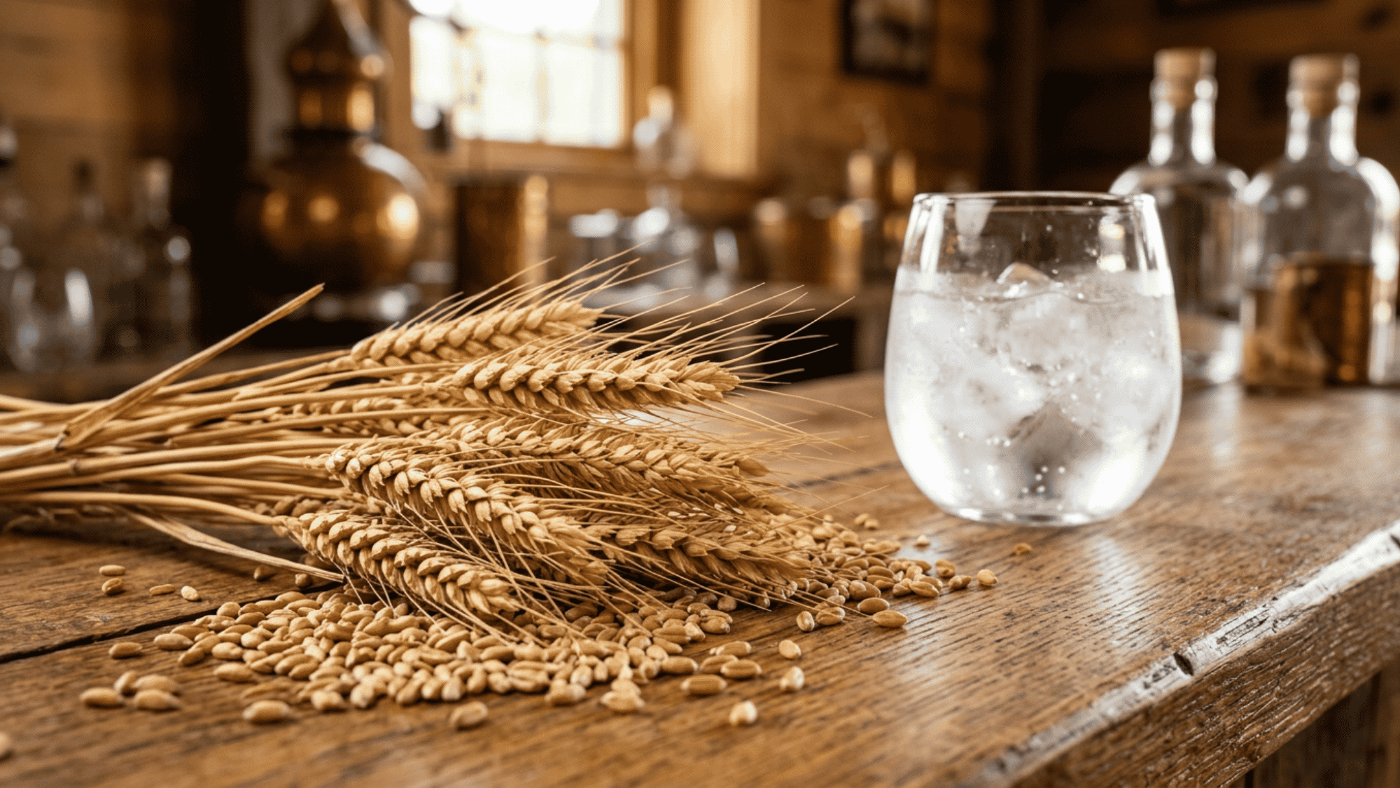 Wheat stalks and grains beside a chilled vodka glass on a wooden bar