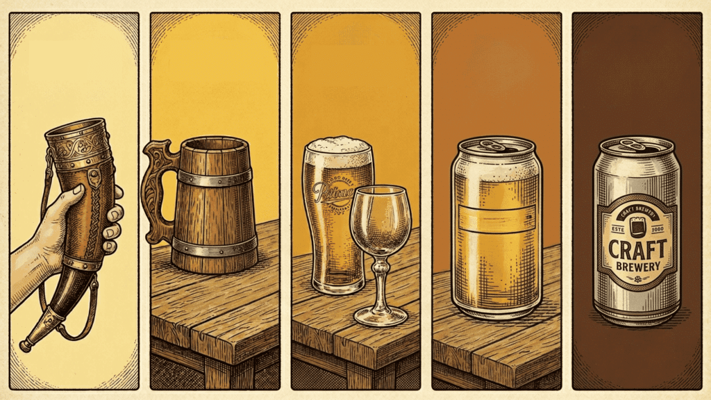 llustration showing evolution of beer from ancient horn to wooden mug, glass and cans of beer.