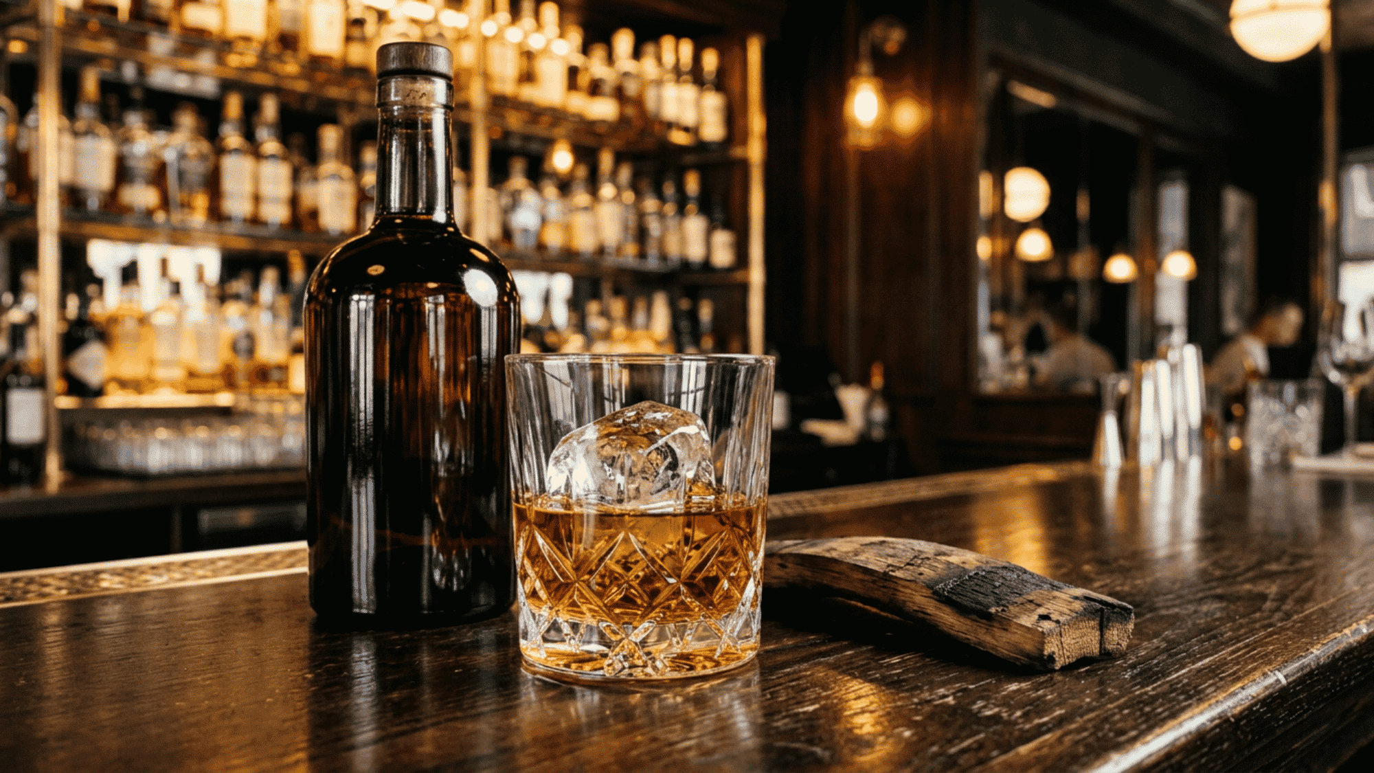 Whiskey bottle and tumbler with ice on a wooden bar in a cozy pub